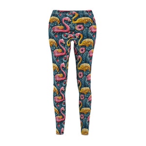 Workout Summer Pink and Gold Flamingos and Pool Floats Leggings | Unique Skinny Fit Leggings | Sizes XS-2XL for Women