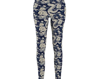 Blue & White Chinese Dragon Leggings | Mythical Gym Yoga Pants | Fantasy Activewear S-2XL