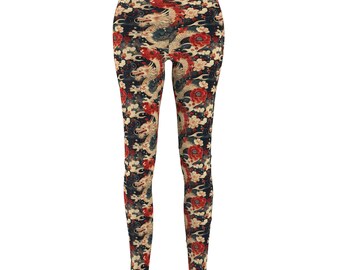 Leggings de dragón beige, Pantalones de yoga de gimnasio con respiración de fuego negros y rojos, Ropa deportiva de fantasía S-2XL