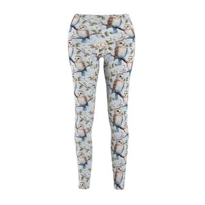 Light Blue Owl Leggings | Rustic Floral Yoga Pants | Bird Lover Gift | Women&#39;s S-2XL