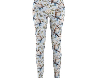Light Blue Owl Leggings | Rustic Floral Yoga Pants | Bird Lover Gift | Women&#39;s S-2XL