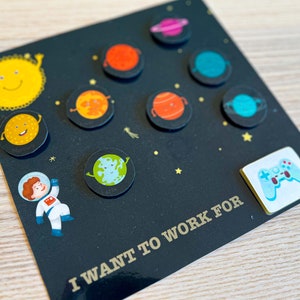 Puede incluir: Una tarjeta negra con planetas coloridos y un astronauta de dibujos animados sobre un fondo negro. El texto "Quiero trabajar para" está impreso en la tarjeta.