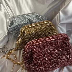 Shiny Metallic Clutch Bag, Luxury Bag, Crochet Clutch Bag, Handmade Crochet Shiny Bag, Handmade Pouch Clutch, Metalic Bridal Bag, New Year