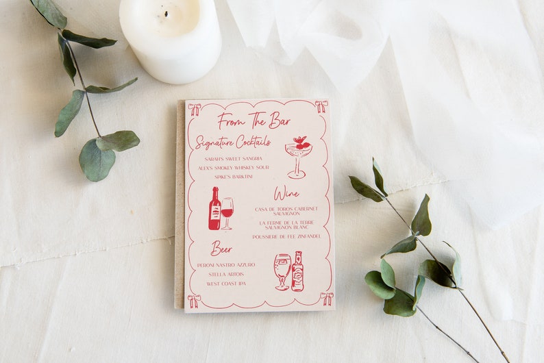 Ribbon Drinks Menu WEDDING INVITATION TEMPLATE hand drawn illustrations, handwritten funky, colorful, bows, whimsical, trendy Active image 1