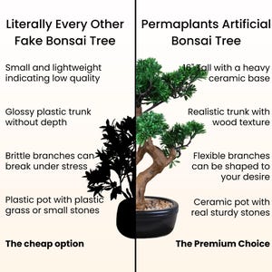 Puede incluir: Imagen comparativa de dos bons&aacute;is artificiales. Uno se describe como de baja calidad con un tronco de pl&aacute;stico brillante y ramas quebradizas. El otro mide 40.6 cm de alto con un tronco realista, ramas flexibles y una base de cer&aacute;mica.