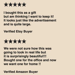Puede incluir: Fondo beige con dos rese&ntilde;as de clientes y valoraciones por estrellas. La primera rese&ntilde;a dice: "&iexcl;Compr&eacute; esto como regalo, pero estoy pensando en qued&aacute;rmelo! Se parece a la publicidad y es bastante grande". La segunda rese&ntilde;a dice: "&iexcl;No est&aacute;bamos seguros de c&oacute;mo se ver&iacute;a esto en la vida real, pero es sorprendentemente hermoso!!!"
