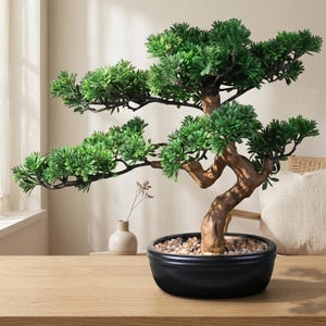 Artificial Bonsai Tree 16" Tall with Realistic Wood and Ceramic Pot, Fake Plants for Home, Bedroom and Office Desk, Japanese Decor