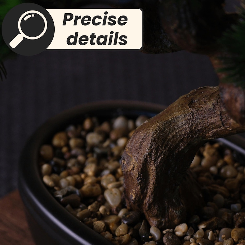 May include: A close-up of a bonsai tree in a dark brown ceramic pot. The tree's trunk is a textured brown, and the soil is covered with small, light-colored pebbles. The image includes the text "Precise details".