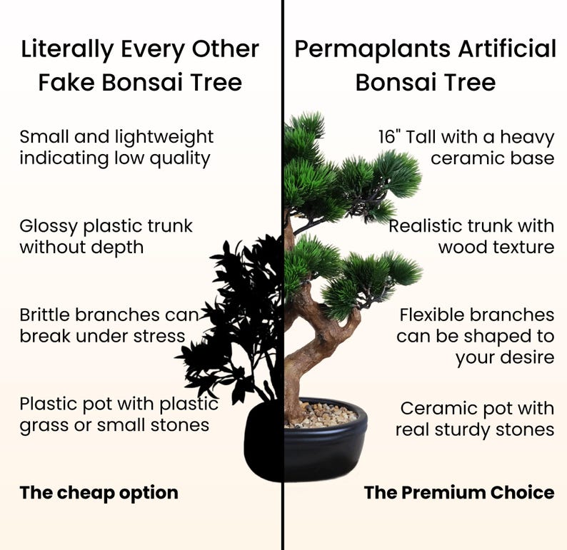 May include: Comparison image of two artificial bonsai trees. The left side shows a low-quality tree with a plastic pot, while the right side displays a premium tree, 16 inches tall, with a ceramic base and flexible branches. Text reads: "Literally Every Other Fake Bonsai Tree" and "Permaplants Artificial Bonsai Tree."