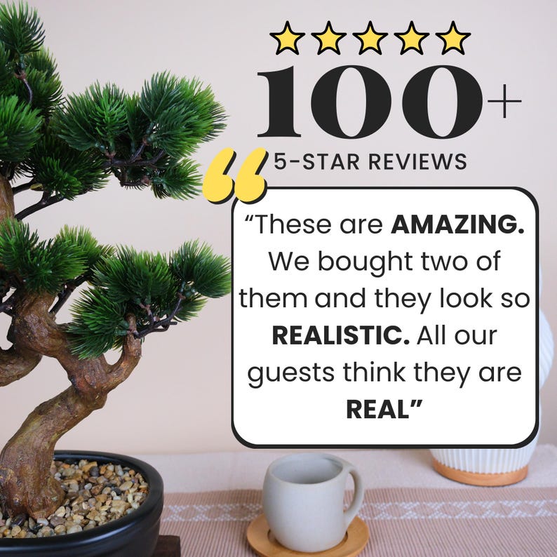 May include: A small, artificial bonsai tree with green foliage and a brown trunk sits in a black pot filled with small pebbles. The image includes text that reads "100+ 5-STAR REVIEWS" and a customer quote: "These are AMAZING...REAL."