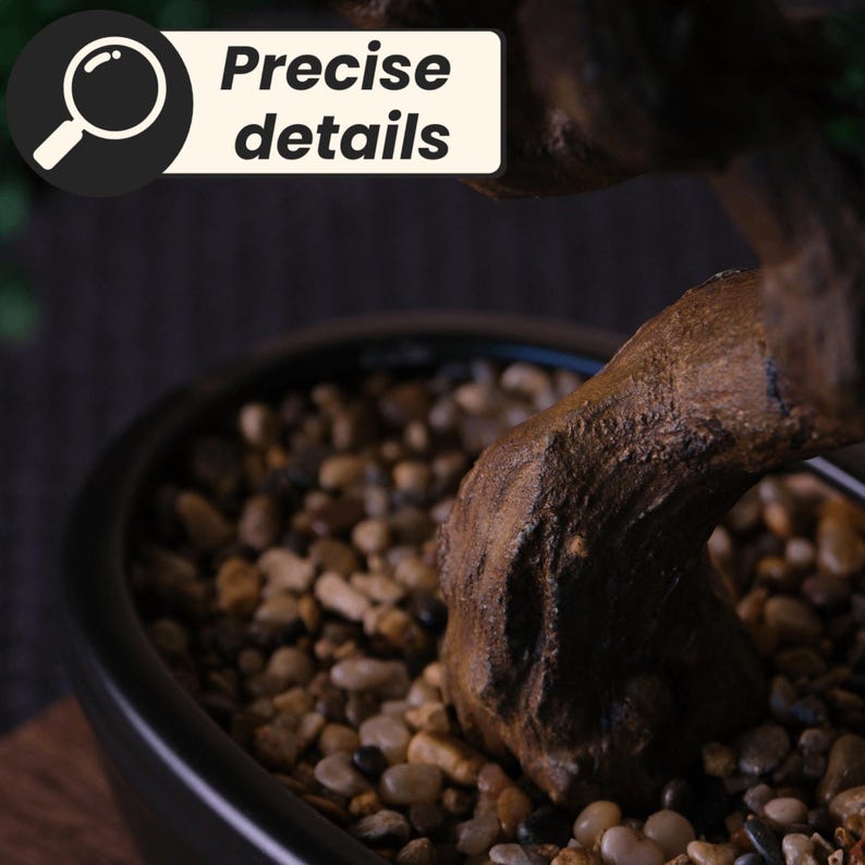 Puede incluir: Primer plano de un bons&aacute;i en una maceta negra. El tronco del &aacute;rbol es de color marr&oacute;n oscuro y el suelo est&aacute; cubierto de peque&ntilde;os guijarros de color claro. Incluye el texto "Precise details".