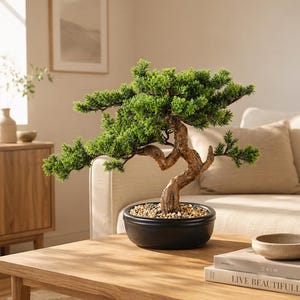 Artificial Bonsai Tree 16" Tall with Realistic Wood and Ceramic Pot, Fake Plants for Home, Bedroom and Office Desk, Japanese Decor