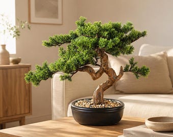 Artificial Bonsai Tree 16" Tall with Realistic Wood and Ceramic Pot, Fake Plants for Home, Bedroom and Office Desk, Japanese Decor