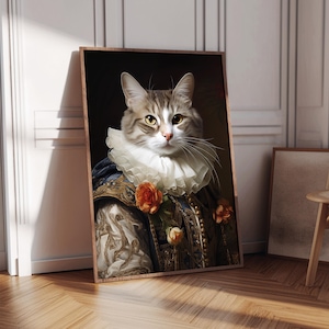 May include: A portrait of a cat dressed in a blue and gold royal outfit with a white ruff collar and orange flowers. The cat has a serious expression and is looking directly at the viewer.