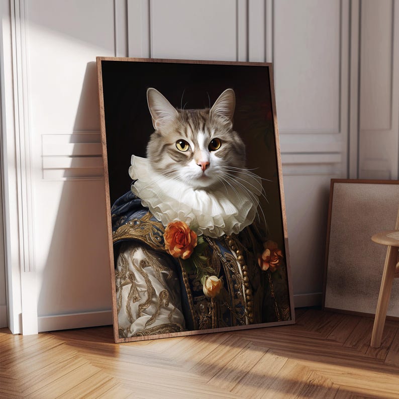 May include: A portrait of a cat dressed in a blue and gold royal outfit with a white ruff collar and orange flowers. The cat has a serious expression and is looking directly at the viewer.