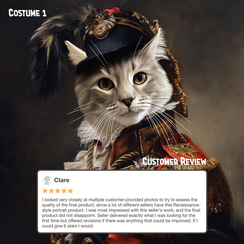 May include: A customer review for a pet portrait service. The review is positive and includes five stars. The review states that the seller delivered exactly what the customer was looking for and that they would give six stars if they could.