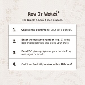 May include: A four-step guide on how to order a custom pet portrait. The steps include choosing a costume, entering the costume number, sending photos, and receiving a preview within 48 hours.