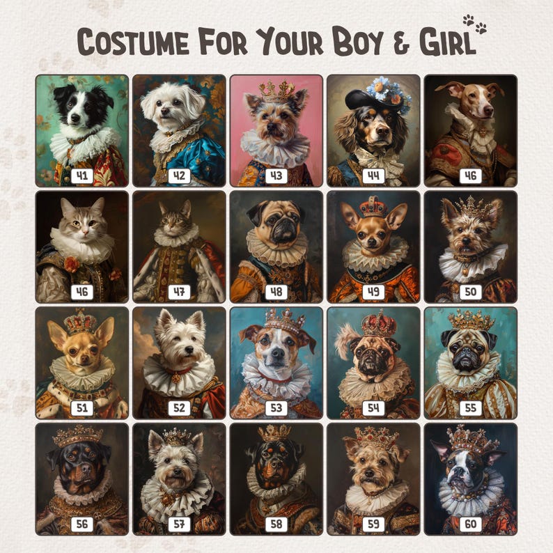 May include: A collage of 20 images featuring various pets dressed in royal costumes. Each image is framed in a square with a number from 41 to 60. The pets are wearing crowns, necklaces, and other royal accessories.