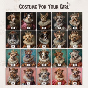 May include: A collage of 20 images showing different dog breeds dressed up in queen costumes. Each image is numbered from 21 to 40. The dogs are wearing crowns, gowns, and jewelry.