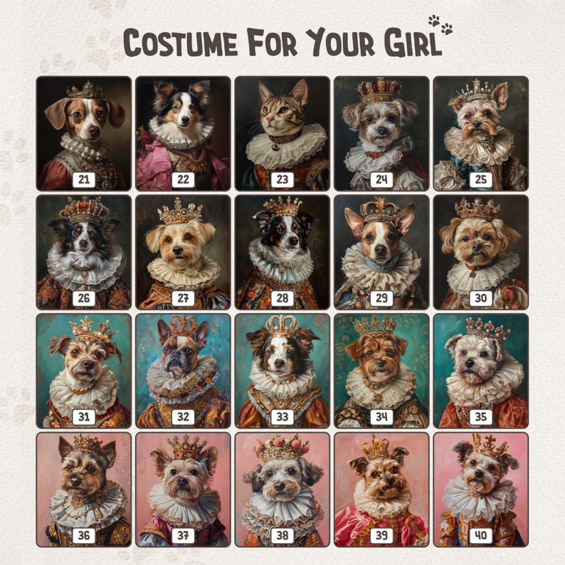 May include: A collage of 20 images showing different dog breeds dressed up in queen costumes. Each image is numbered from 21 to 40. The dogs are wearing crowns, gowns, and jewelry.