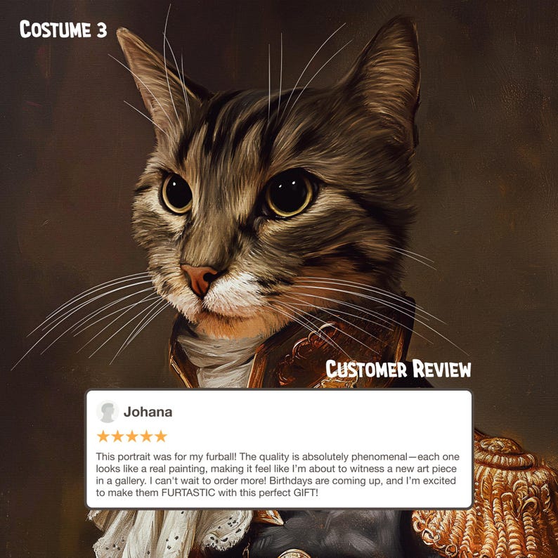 May include: A customer review for a pet portrait service. The review is positive and includes a five-star rating. The review states that the portrait is phenomenal and looks like a real painting. The customer is excited to order more portraits for upcoming birthdays.