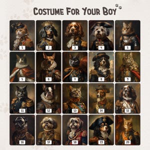 May include: A collage of 20 images featuring various pets dressed in different historical costumes. The pets include cats, dogs, and a pug. The costumes are all in different colors and styles, and the pets are all looking at the camera.