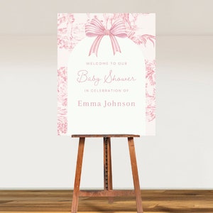 Feminine Chic Girl Baby Shower Welcome Sign| Girl’s Baby Shower| Pink bow| Blush Minimalist| Watercolor Ribbon| Editable Canva Template