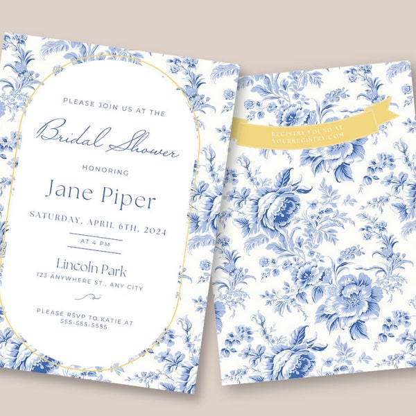 French Garden Bridal Shower Invitation Template | Blue Victorian | Floral Bridal Tea Invitation | Instant Download | Floral Chinoiserie