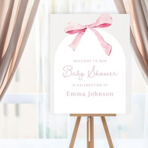Minimalist Girl Baby Shower Welcome Sign| Girl’s Baby Shower| Pink bow| Blush Minimalist| Watercolor Ribbon| Editable Canva Template