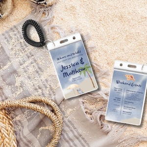Plantilla de tarjeta de acceso para habitación de hotel de boda, itinerario, agenda, bolsillo imprimible moderno para tarjeta de acceso, destino de playa, acuarela, descarga instantánea