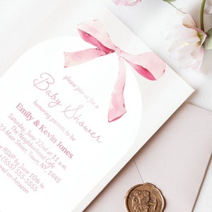 EDITABLE Pink Bow Invitation for Girl Baby Shower, Minimalist Baby Shower Watercolor Ribbon Blush Pink 1st Birthday Digital Canva Template