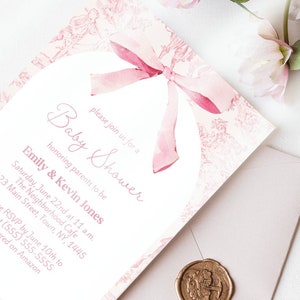 Pink Bow Invitation for Girl Baby Shower, Classic Feminine Baby Shower, Pink Watercolor Ribbon, Blush Pink aesthetic Editable Canva Template