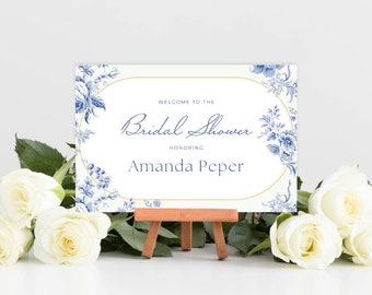 Blue Victorian Bridal Shower Welcome Sign Template | Bridal Tea | Floral Chinoiserie | Instant Download | Something Borrowed