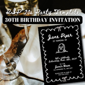 RIP 20s Birthday Party Invitation ~ Dinner party digital invitation ~ monochromatic drinks invite ~ spooky season hosting instant download