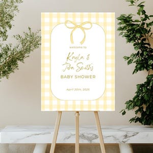Plantilla de letrero de bienvenida para baby shower amarillo / Descarga instantánea con tema de lazo amarillo / Plantilla de Canva / Letrero de baby shower de género neutro