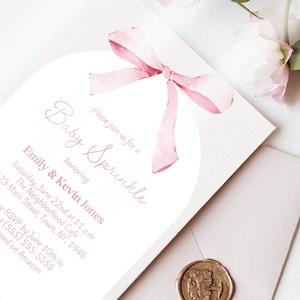 Pink Bow Invitation for Girl Baby Sprinkle, Minimalist Baby Sprinkle Watercolor Ribbon Blush Pink 1st Birthday Digital Canva Template
