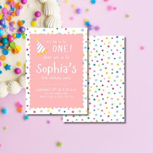 Meisje roze 1e verjaardag kleurrijke confetti uitnodiging sjabloon, afdrukbare uitnodigingen, DIY eerste verjaardag, geschulpte, leuk om een te zijn