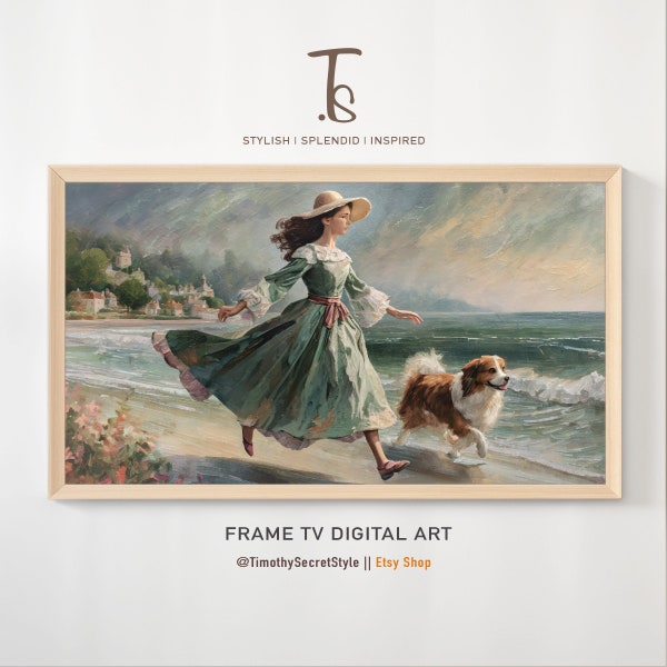 Victorian Lady Beach Scene Art for Samsung Frame TV, 1870s Style Oil Painting, Elegant Vintage Decor, Digital Download art | TV17