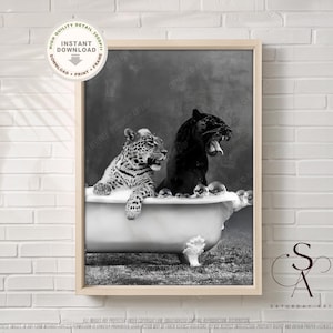 Art imprimable de luxe léopard et panthère dans la baignoire, art mural de salle de bain vintage noir et blanc, panneau de bain, impression léopard téléchargement numérique