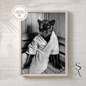 Panthère en art imprimable peignoir, impression panthère, noir et blanc, impression photo vintage, art mural salle de bain, art mural WC, téléchargement numérique