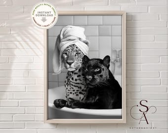Adorable Leopard and Panther Cubs in Bathtub print art, Black and White Vintage Bathroom Wall Art, WC sign, Leopard print Digital Download