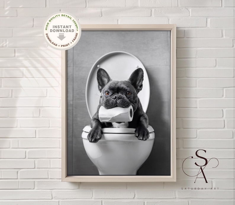May include: A black and white photo of a French bulldog sitting on a toilet with a roll of toilet paper in its mouth.