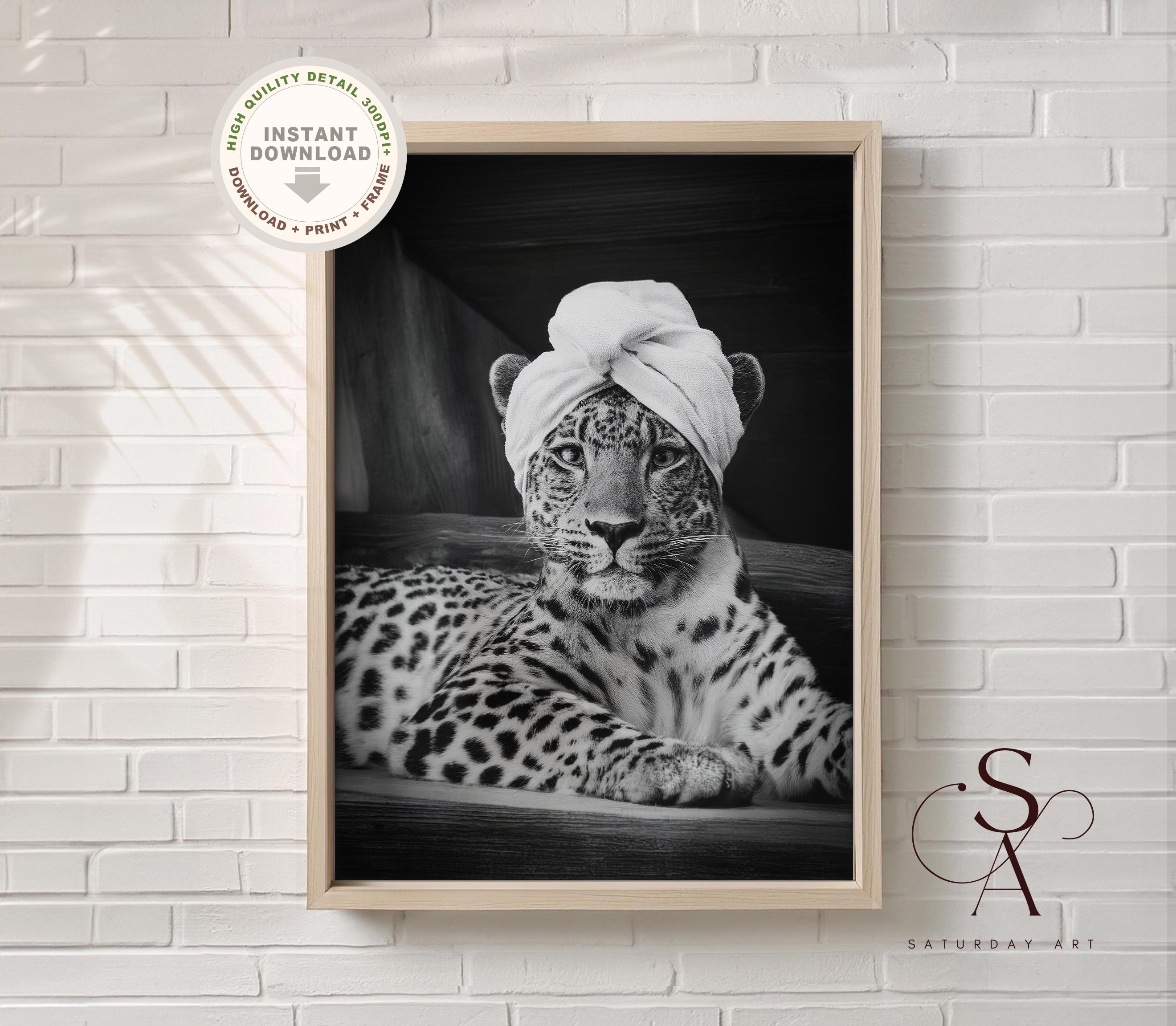 Leopard in sauna printable art, Panther Print, Black and White, Vintage Photography, WC Wall Art, Bathroom Sign, Digital Download