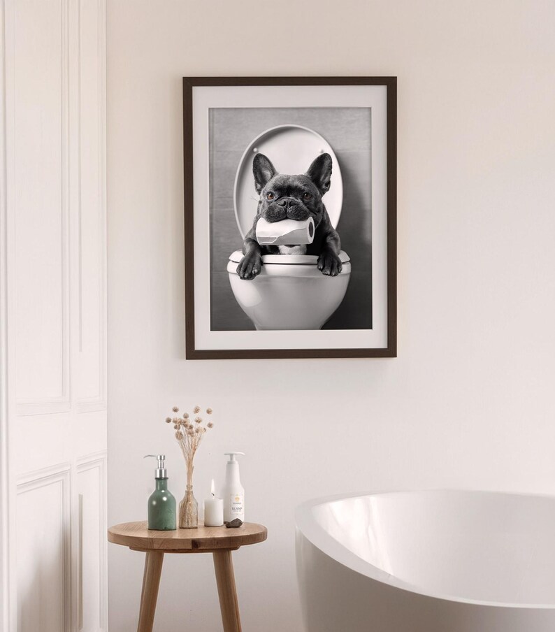 May include: Black and white photo of a French bulldog sitting in a toilet bowl, holding a roll of toilet paper in its mouth. The photo is framed in a dark brown frame.