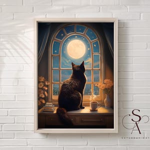 Whimsical Moonlit Black Cat Art Print, Aesthetic Cat Poster for Dopamine Decor, Moonlight Cat Painting, Vintage cat Art, Gift for Cat lover