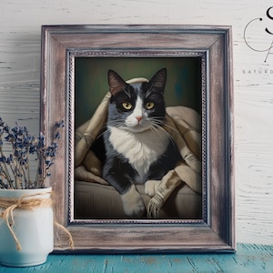 Tuxedo Cat Art Print: Kitty on Sofa, Home Decor