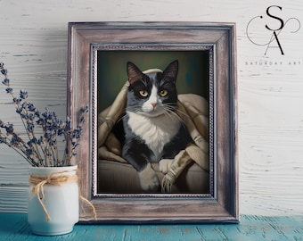 Tuxedo Cat Art Print: Kitty on Sofa, Home Decor