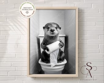 Otter on Toilet Print: Funny Animal Bathroom Art (Digital Download)