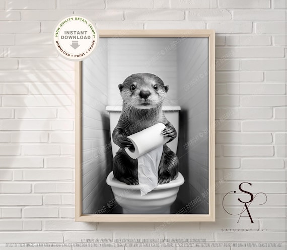 Otter on Toilet Print: Funny Animal Bathroom Art (Digital Download)