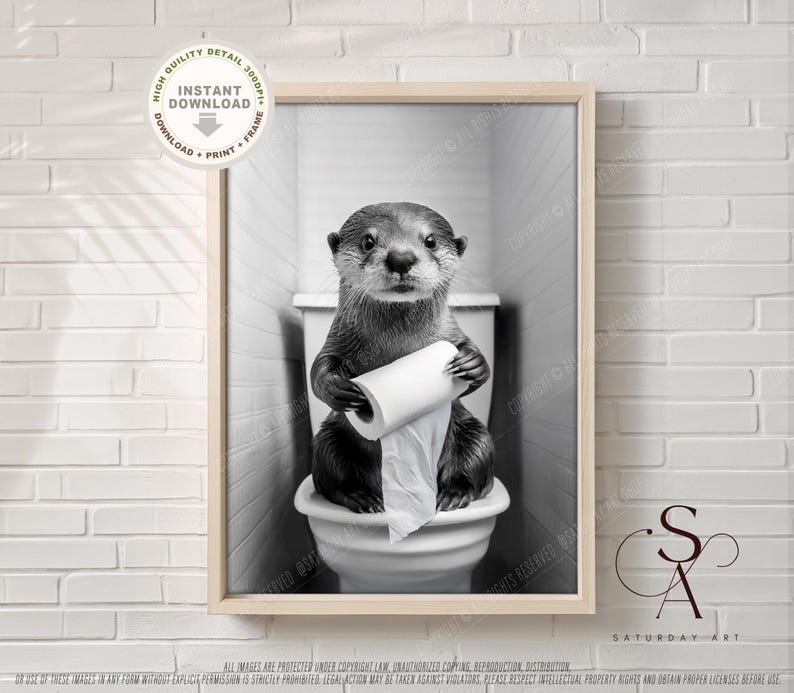 May include: A black and white photo of an otter sitting on a toilet holding a roll of toilet paper. The otter is looking at the camera.